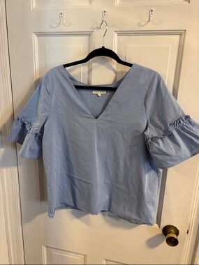 Paper Crown Light Blue V-Neck Ruffle Sleeve Women's Top